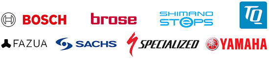 Logos der wichtigsten Motorenhersteller im E-MTB-Bereich