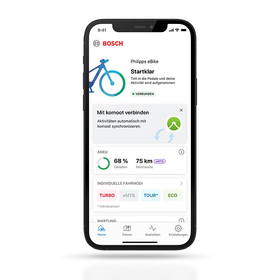 Die Bosch E-Bike Flow App kann mit dem Komoot-Konto verbunden werden.