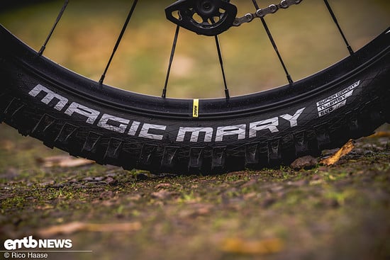 Sehr positiv: Auf die stabilen Mavic E-Demax-Laufräder ist am Hinterrad ein Schwalbe Magic Mary mit stabiler Super Gravity-Karkasse aufgezogen.