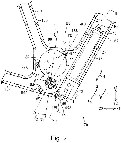 Der Motor scheint kompakter als die bekannten Shimano-Lösungen und findet in dieser Zeichnung im E-Bike-Rahmen hinter dem Akku Platz.