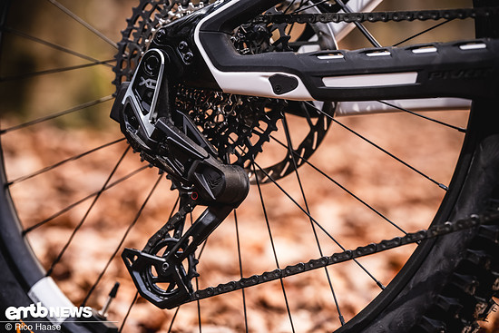Die Gänge werden an diesem Modell mit einer SRAM X0 Eagle Transmission gewechselt.